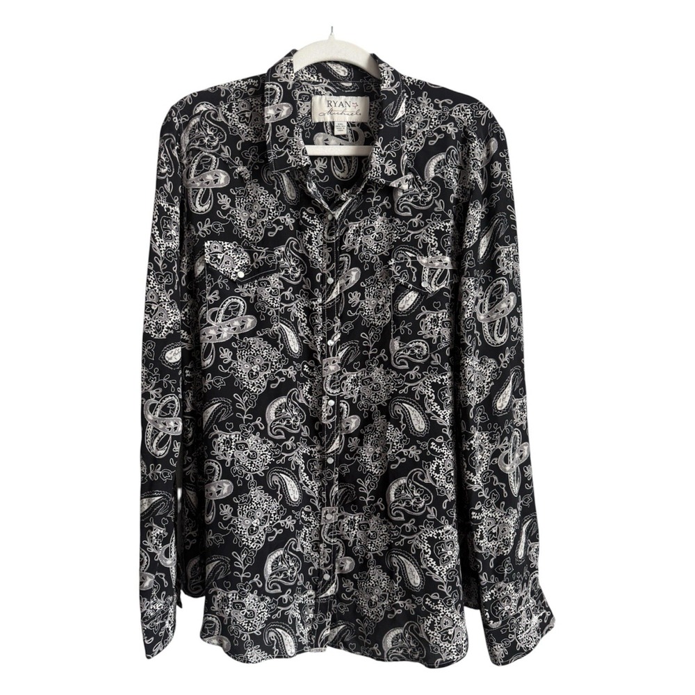 Ryan Michael Western Shirt Size XXL Midnight Silk Paisley Pearl Snap Long Sleeve